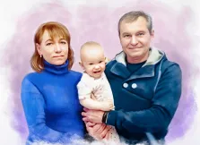 Акварель, художник Татьяна, бабушка и дедушка с улыбающейся внучкой