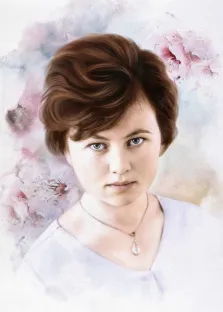 Акварель, художник Татьяна, портрет девушки с кулоном на нежном цветочном фоне