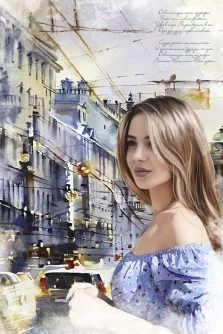 Акварель, художник София, портрет девушки на фоне города, со стихами