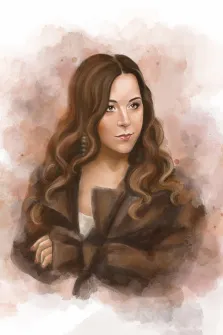Акварель, художник Софья, портрет девушки в коричневом пальто на абстрактном фоне