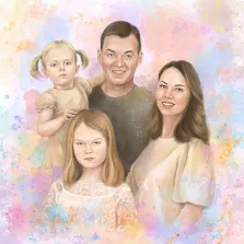 Акварель, художник Софья, семейный портрет, папа, мама и две дочери на абстрактном разноцветном фоне