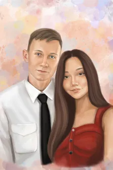 Акварель, художник Софья, парный портрет, девушка в красном платье, молодой человек в белой рубашке с галстуком, на светлом абстрактном фоне