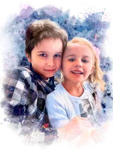 Мальчик и девочка на абстрактном синем фоне, портрет выполнен в стиле Акварель, художник Лариса
