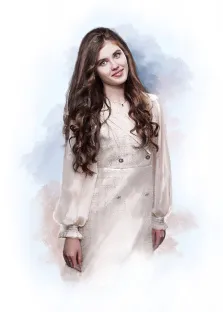 Акварельный портрет девушки в светлом платье с длинными волосами, художник Евгения