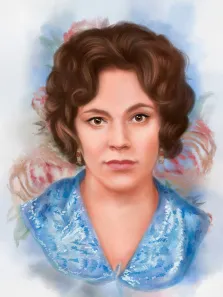 Портрет в стиле акварель: женщина с короткой стрижкой в голубом платье на фоне абстрактных роз. Акварель. Художник Мария 