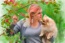 На работе в стиле Акварель изображена розоволосая девушка с собачкой и веткой, художник Мария 