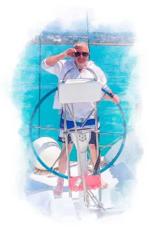 Мужчина в расстёгнутой белой рубашке и в солнечных очках стоит за штурвалом яхты, работа выполнена в стиле Акварель, художник Евгения 