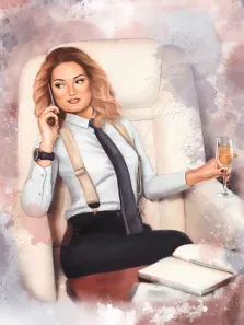 Портрет акварелью деловой женщины, говорящей по телефону. Женщина сидит в белом кресле с бокалом шампанского в руках за столиком, на котором раскрыт блокнот. Автор - Софья.