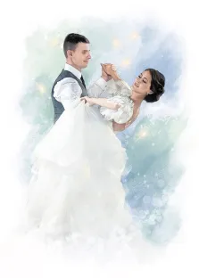 Свадебный портрет акварелью с изображением танцующей пары на абстрактом фоне. Мужчина одет в белую рубашку, черную жилетку и галстук, а девушка - в белое свадебное платье. Автор: Евгения.