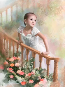 Детский портрет акварелью с изображением девочки в белом платье, опирающейся на перила лестницы над кустами с розами. Автор: Софья.