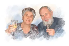 Парный портрет в стиле Акварель, пожилая пара поднимают бокалы с шампанским на нейтральном бело-голубом фоне, художник Евгения 