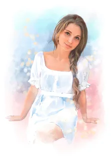 Женский портрет исполнен в стиле Акварель, русоволосая девушка с заплетённой косой и в белом летнем платье на светлом фоне, художник Евгения 