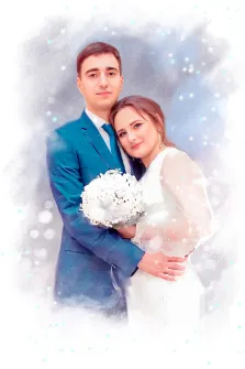 Парный свадебный портрет в стиле Акварель, кареглазый молодой человек в синем классическом костюме в клеточку с белой рубашкой и синим галстуком и голубоглазая девушка в белом свадебном платье и с букетом цветов в руках,   художник Евгения 
