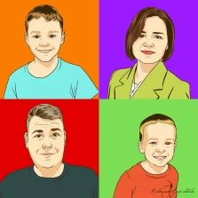 Семейный поп-арт портрет из четырёх человек, два сына и отец с матерью,  художник Олеся