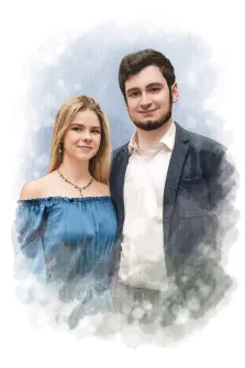 Парный портрет в стиле Акварель на светлом фоне, девушка в синем платье и бородатый молодой человек в пиджаке и белой рубашке, художник Евгения 