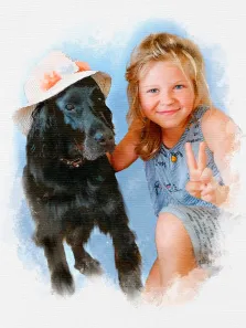 Детский портрет в стиле Акварель: светловолосая девочка в полосатом платье стоит рядом с собакой породы "Ретривер", на собаке соломенная шляпа, художник Евгения 