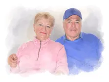 Портрет пожилой пары в стиле Акварель на нейтральном светлом фоне: женщина с короткой стрижкой и в розовой кофте и мужчина в синей кепке и в синем свитере, художник Евгения 