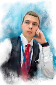 Портрет молодого человека в белой рубашке и жилетке с красным галстуком в стиле Акварель, художник Лариса