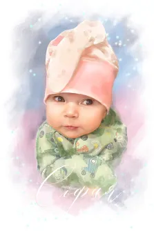 Детский портрет в стиле Акварель, ребёнок в зелёной одежде и в розовой шапке изображен на абстрактном светлом фоне, художник Евгения 