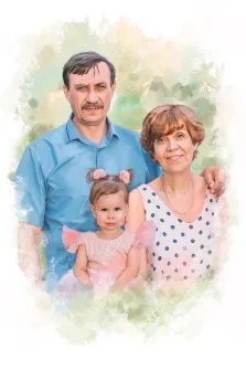 Семья из трёх человек изображена на картине в стиле Акварель, усатый мужчина в голубой рубашке, женщина с короткой стрижкой и в белом платье, посередине стоит кареглазая девочка с хвостиками и в розовом платье, художник Евгения 