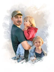 Семейный портрет в стиле Акварель, кареглазый мужчина в кепке с двумя детьми, художник Евгения 