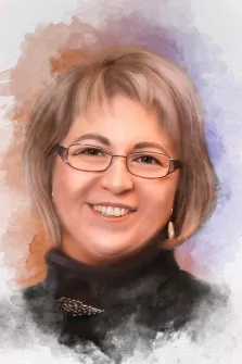 Женский портрет в стиле Акварель, кареглазая светловолосая женщина в очках на цветном фоне, художник Татьяна