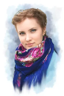 Портрет голубоглазой, русоволосой девушки с синим шарфом на шее в стиле Акварель, художник Мария 