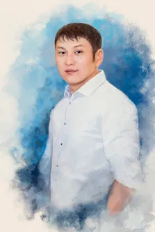 Портрет мужчины азиатской внешности в белой рубашке на синем фоне, картина исполнена в стиле Акварель, художник Валерия 