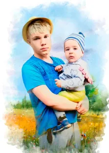 Семейный портрет в стиле Акварель: молодой человек в соломенной шляпе и в синей футболке держит маленького брата на руках, художник Валерия 
