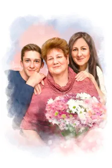 Семейный портрет в стиле Акварель: молодой человек, девушка и женщина с букетом цветов, художник Евгения 