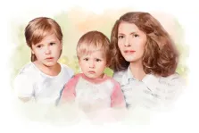 Семейный портрет в стиле Акварель: женщина и двое детей на светлом фоне, художник Евгения 