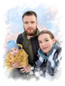 Семейный портрет из трёх человек в стиле Акварель, бородатый молодой человек и кареглазая девушка в клетчатом пальто держат на руках младенца в жёлтой куртке, художник Евгения 