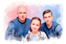 Портрет семьи на три персоны в стиле Акварель: отец, сын и дочка на светлом фоне, художник Евгения 