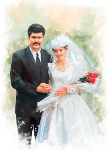 Парный портрет в стиле Акварель на годовщину свадьбы, усатый мужчина в классическом костюме с белой рубашкой и чёрным галстуком и девушка в свадебном платье и с букетом роз в руках, художник Евгения 