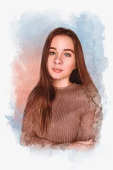 Женский портрет в стиле Акварель: русоволосая девушка в коричневом свитере изображена на нейтральном светлом фоне, художник Евгения 