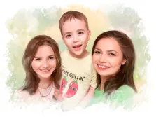 Семейный портрет в стиле Акварель, мама, дочка и маленький сын на светлом фоне, у всей семьи карие глаза, художник Евгения 