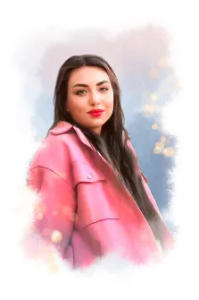 Портрет девушки в розовом пальто на нейтральном светлом фоне в стиле Акварель, художник Евгения 