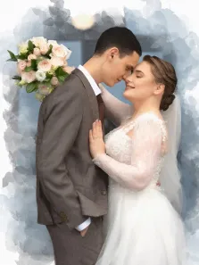Парный свадебный портрет в стиле Акварель: молодой человек в сером классическом костюме и девушка в белом свадебном платье, пара изображена на нейтральном сером фоне, художник Валерия 