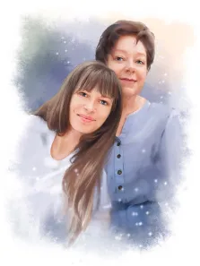 Семейный портрет в стиле Акварель, мама с дочкой на голубом абстрактном фоне, художник Евгения 