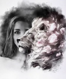 Портрет девушки в пол лица со львом в стиле Акварель в чёрно-белых красках, художник Татьяна 