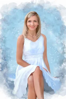 Портрет светловолосой девушки в белом лёгком платье на голубом фоне в стиле Акварель, художник Валерия 