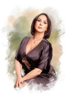 Портрет девушки в чёрном халате с русыми волосами в стиле Акварель, художник Евгения 