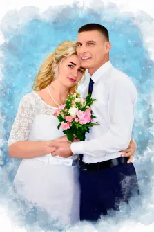 Парный свадебный портрет на ярком голубом фоне в стиле Акварель, художник Валерия 