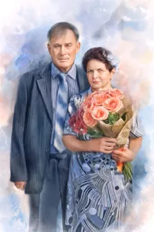 Портрет пожилой пары в стиле  Акварель, мужчина в классическом костюме в полоску и женщина в платье и с букетом в руках, художник Анна