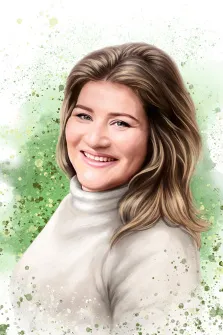 Портрет улыбающейся девушки в белом свитере в стиле Акварель на салатовом фоне, художник Анастасия 