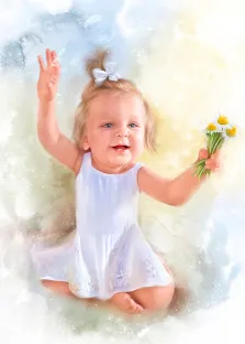 Портрет маленькой девочки в белом платье с букетом ромашек в руке, стиль Акварель, нейтральный светлый фон, художник Евгения 