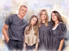 Портрет семьи из Воронежа в стиле акварель: отец, мать и две дочки на нейтральном светлом фоне, художник Анна