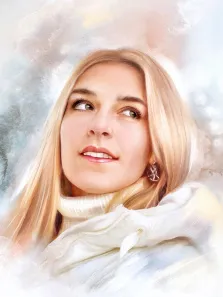 Портрет девушки блондинки с карими глазами на абстрактном белом фоне в стиле Акварель, художник Анна