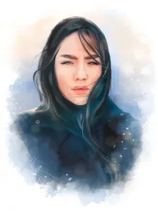 Портрет темноволосой девушки с голубыми глазами в стиле Акварель, художник Евгения 