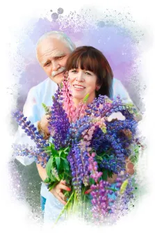 Портрет пожилой пары в поле с цветами в стиле Акварель на светлом фоне, художник Евгения 